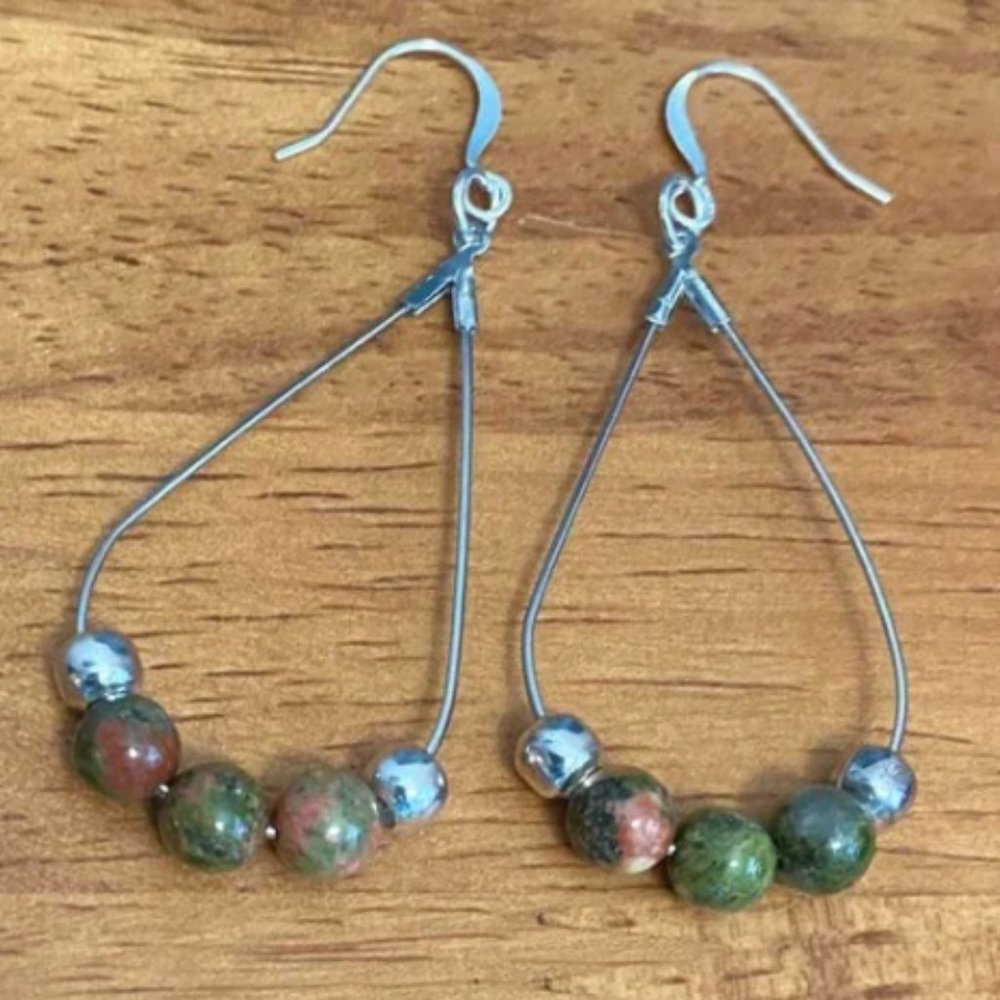NEW handcrafted Genuine Unakite teardrop crystal earrings